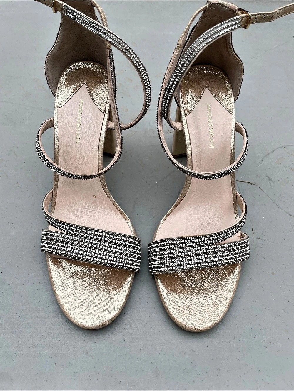 Antonio Melani Rhinestone Ankle Strap Sandals in Gold